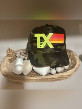 Camo Trucker Hat with Neon TX and Sunset Stripe